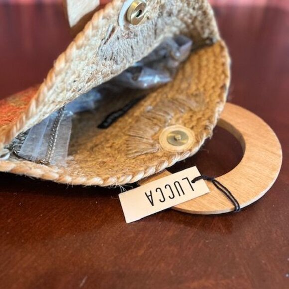 Antik Kraft Jute Woven Clutch With‎ Wooden Handles & Pink Pattern purse handbag - Picture 5 of 10